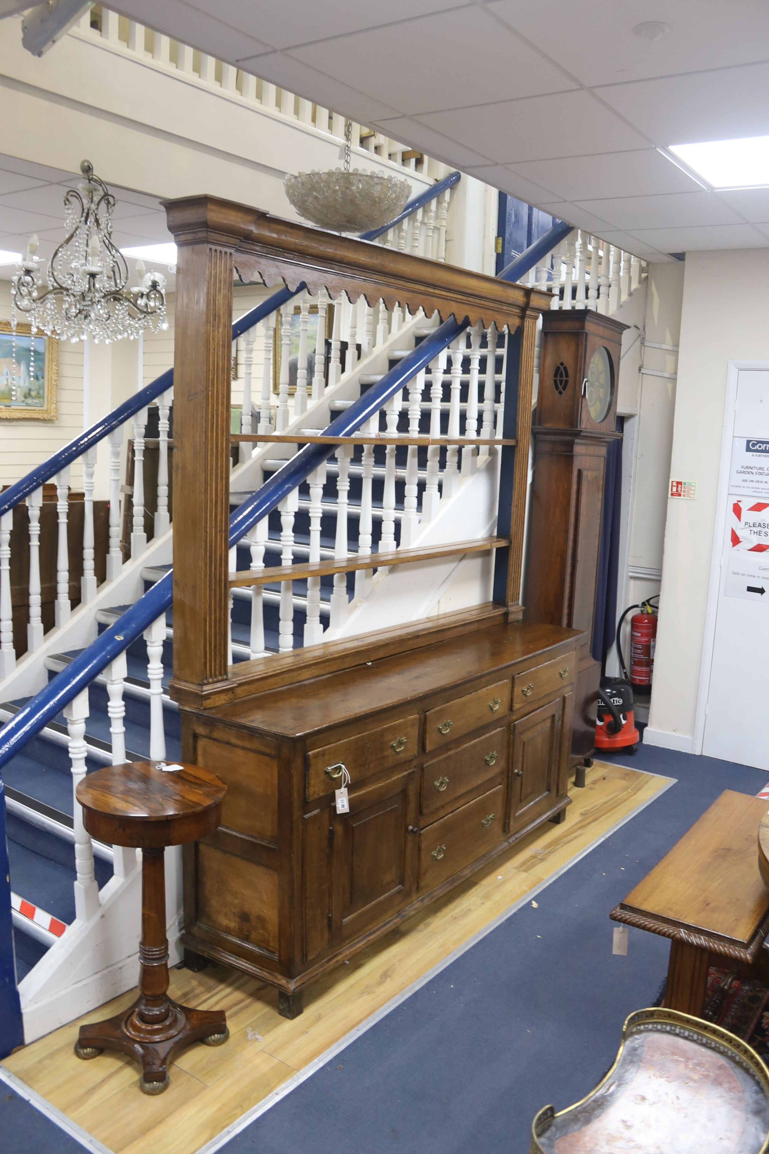 A George III Welsh oak dresser, length 183cm, depth 43cm, height 223cm